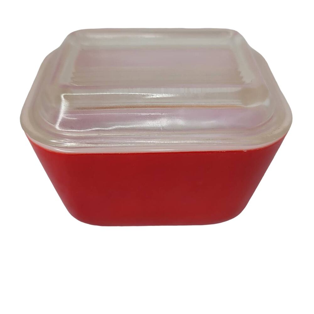 PYREX red refrigerator container storage glass dish lid VINTAGE 4 1/4" x 3 1/4"
